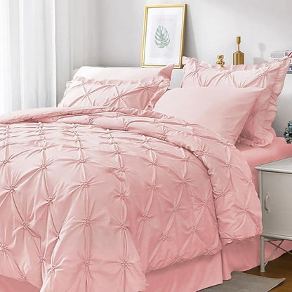 JOLLYVOGUE Pink Cal King Size Comforter Sets 7 Pieces,Pintuck Bed in a Bag Comforter Set for Bedroom, Bedding Comforter Sets with Comforter, Sheets,Ruffled Shams & Pillowcases