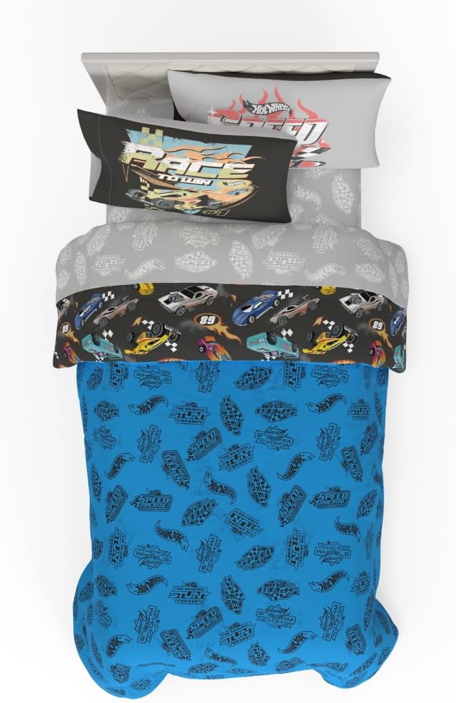Hot Wheels Kids Bedding Super Soft Comforter and Sheet Set with Sham, 5 Piece Twin Size, (Officially Licensed Product) by Franco