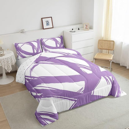 Purple and White Abstarct Comforter Set Twin Size for Kids Boys Girs,Graffiti Stripes Lines Bedding Set,Aesthetic Geometric Duvet Insert for Minimalists,Contemporary Boho Modern Art Quilt