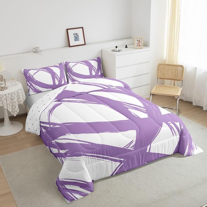 Purple and White Striped Bedding Set Full Size for Adults Youth Teens,Contemporary Boho Modern Art Comforter Set,Graffiti Stripes Lines Quilt,Aesthetic Geometric Duvet Insert for Minimalists