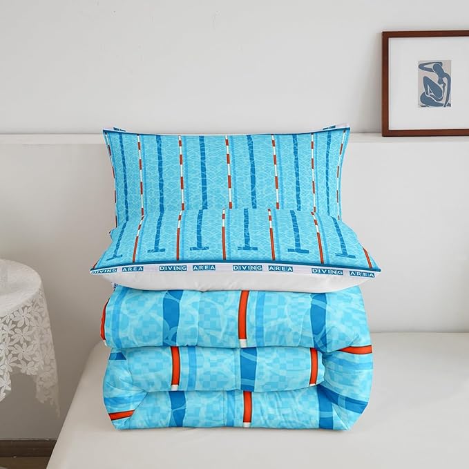 Manfei Swimming Kids Comforter Set King Size,Swim Sports Games Modern Fashion Bedding Set,Boys Girls Adults Room Decor,Swimming Pool Chic Down Comforter,Blue Unique Duvet Insert,2 Pillowcases