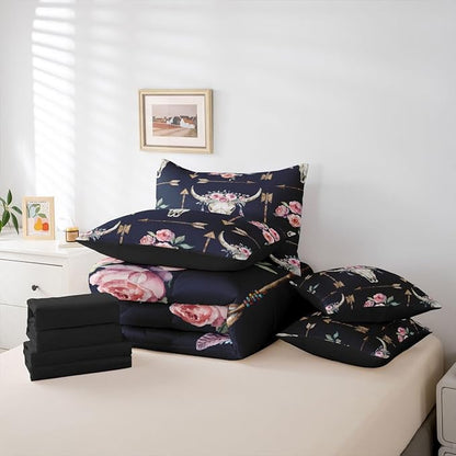 Erosebridal Bull Skull 7 Piece Bedding Set King Boho Comforter Set with Sheets Arrows Pink Rose Feather Aztec Bed in a Bag Mysterious Tribal Style Colorful for Teens Men Women