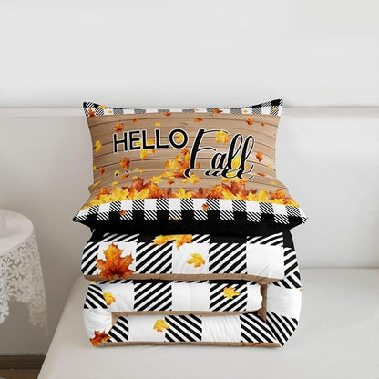 Fall Thanksgiving Bedding Set Twin Autumn Harvest Seasonal Comforter Set Gifts For Kids Teen Adults,Black White Buffalo Plaid Checkered Comforter Rustic Farmhouse Quilt Bedding Brown 1 Pillow Case
