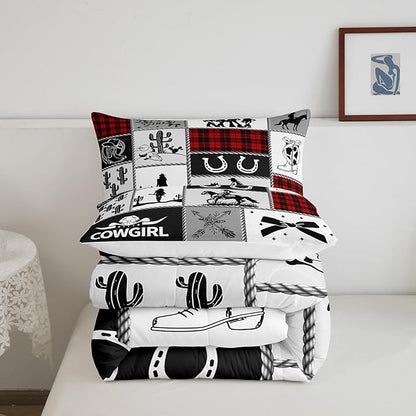 Western Cowgirl Kid Comforter Set Queen Size,Cactus Horseshoe Cow Skull Geometric Patchwork Bedding Set,Girls Women Room Decor,Bowknot Arrow Boho Down Comforter,Red Xmas Duvet Insert,2 Pillowcases