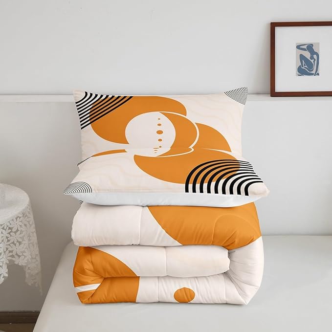 Erosebridal Orange Minimalist Comforter Set Queen Mid Century Bedding Set, Geometric Circle Bedding Comforter Sets Black Creamy White Aesthetic Duvet Sets, Modern Quilted Comforter Microfiber 3 Pieces