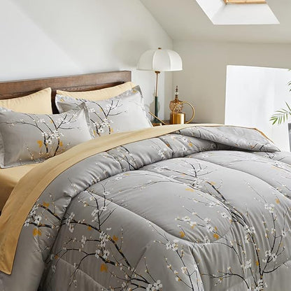 Gray Comforter Sheet Set Bed in a Bag 7 Pieces Cal King Size Tree Branch Bloom Flower Bedding Set (1 California King Comforter 2 Pillow Shams 1 Tan Flat Sheet 1 Fitted Sheet 2 Pillowcases)