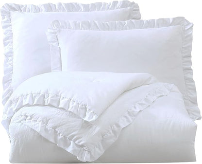 Chezmoi Collection Nora White Comforter Set King Size 3-Piece Fluffy Soft Stone-Washed Ruffled Shabby Chic Bedding for All Season