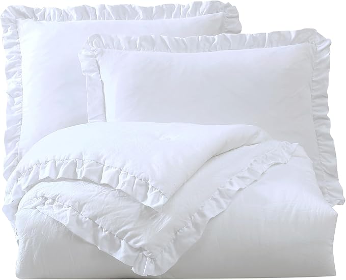 Chezmoi Collection Nora White Comforter Set Queen Size 3-Piece Lightweight Fluffy Soft Stone-Washed Ruffled Shabby Chic Bedding for All Season