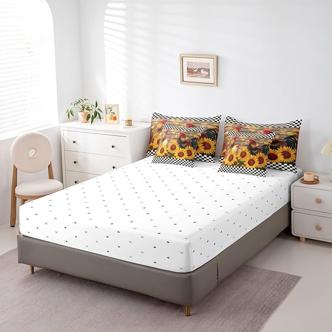 Erosebridal 7 Pcs Rooster Comforter Set King Size,Rustic Chick Sunflower Bed in a Bag with Flat Fitted Sheet for Kids and Adults,Farm Plaid Wooden Bedding Set with Pillowcases and Cushion Cases