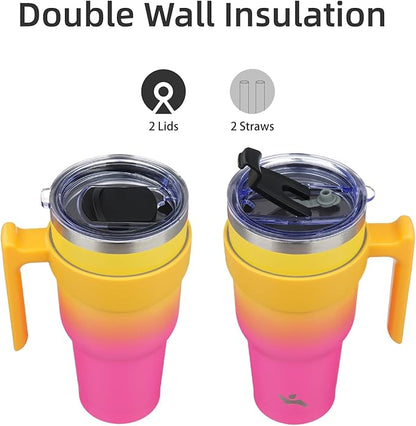 30 oz Tumbler with Handle and 2 Straw 2 Lid, Insulated Water Bottle Stainless Steel Vacuum Cup Reusable Travel Mug,Rainbow
