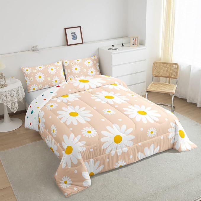 Erosebridal Orange Kawaii Floral Comforter Cute Daisy King Bedding Set for Kids Girls Teen Women Room Decor 3 Pcs,Cartoon Flower Comforter Set Rustic Farmhouse Quilt