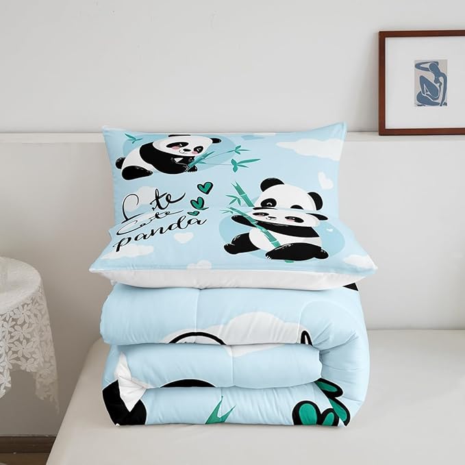 Feelyou Cute Panda Bedding Set Cartoon Panda Comforter Set for Kids Boys Girls Animal Theme Comforter Kawaii Animal Quilt Set Blue 1 Comforter Set with 2 Pillowcases Full Size