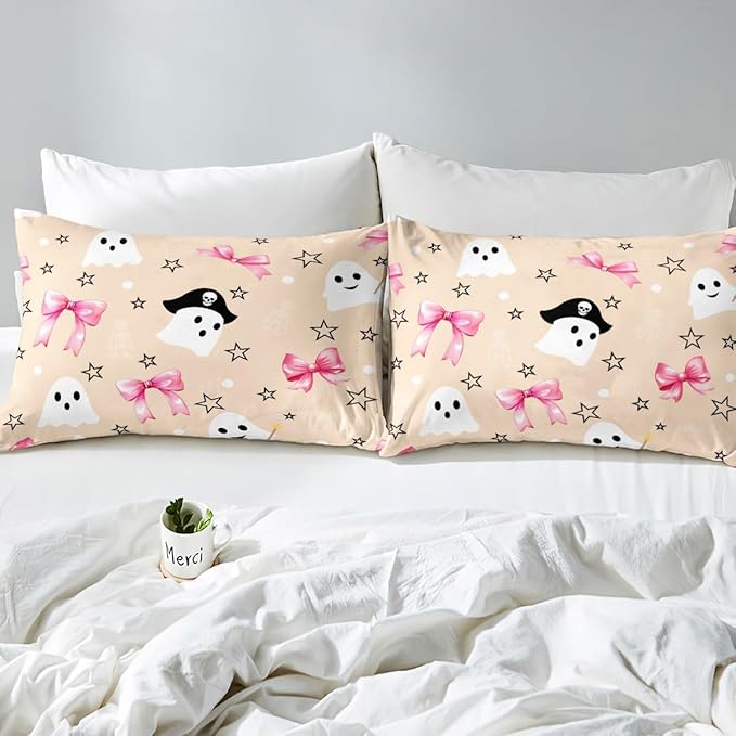 Erosebridal Halloween Ghost Comforter Set Queen, Pink Bows Bedding Set, Halloween Decor Kawaii Bowknot Comforter, White Polka Dotstar Star Quilt with 2 Pillowcases for Kids Girls Women