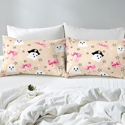 Erosebridal Halloween Ghost Comforter Set Toddler, Pink Bows Bedding Set, Halloween Decor Kawaii Bowknot Comforter, White Polka Dotstar Star Quilt with 1 Pillowcase for Kids Girls Women