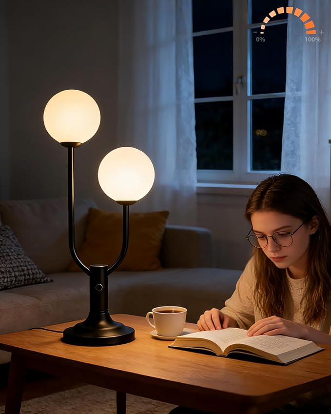 Modern Black Table Lamp for Bedroom, Dimmable Globe Table Lamp 2-Light Desk Lamp 3000K Warmwhite Nightstand Bedside Lamps for Living Room End Table(G9 Bulb Included)