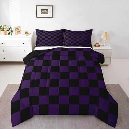 Checkered Bedding Set for Boys Girls Purple Black Plaid Comforter Set Queen Size Cute Retro Neutral Checkerboard Geometric Duvet Quilt Vintage Aesthetic Bedroom Decor 3 Pcs with 2 Pillow Cases