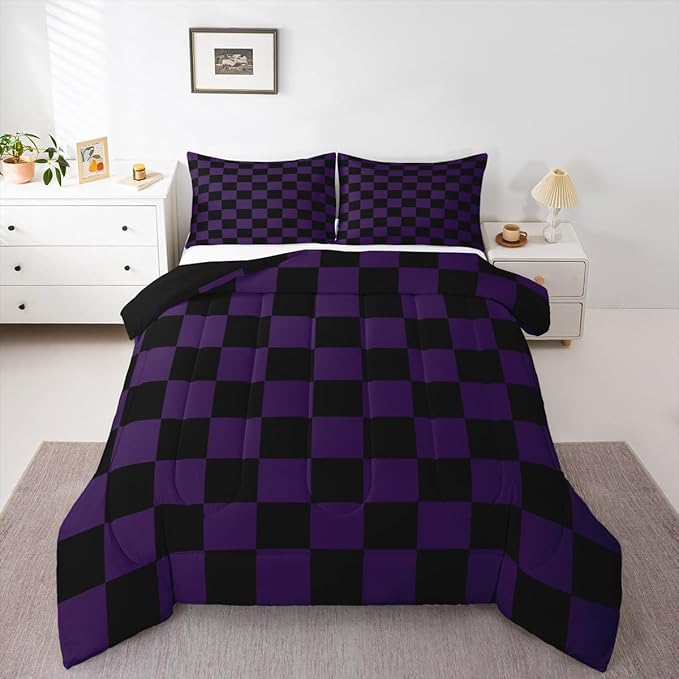 Checkered Bedding Set for Boys Girls Purple Black Plaid Comforter Set Full Size Cute Retro Neutral Checkerboard Geometric Duvet Quilt Vintage Aesthetic Bedroom Decor 3 Pcs with 2 Pillow Cases