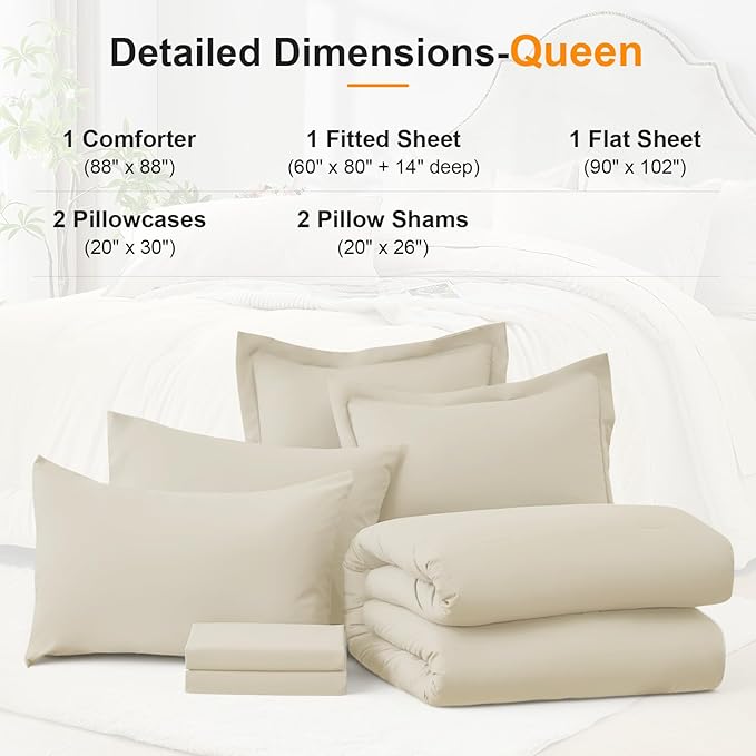 Queen Comforter Set 7 Piece - Soft Bed in a Bag Queen Size Comforter Sets, Cozy Luxury Bedding Sets with All Season Comforter, Flat Sheet, Fitted Sheet,2 Pillowcases & 2 Shams, Beige