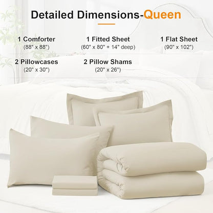 Queen Comforter Set 7 Piece - Soft Bed in a Bag Queen Size Comforter Sets, Cozy Luxury Bedding Sets with All Season Comforter, Flat Sheet, Fitted Sheet,2 Pillowcases & 2 Shams, Beige