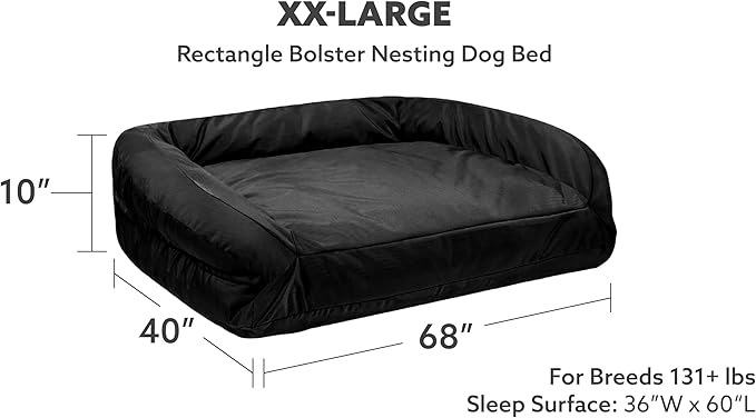 K9 Ballistics Tough Bolster Nesting Pillow XX-Large Sofa Dog Bed with Removable Washable Cover - Durable, Water Resistant with Nonskid Bottom 68"x40", Obsidian Black