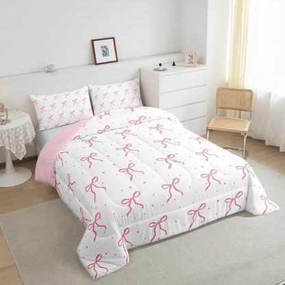 Erosebridal Girls Pink Bowknot Bedding Set Twin Size, Girly Bows Cartoon Comforter Set for Kids Teens Women Bedroom, Dreamy Princess Down Comforter, Princess Galaxy Stars Quilt with 1 Pillowcase