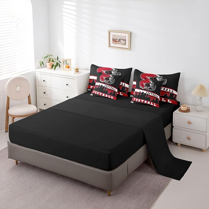 Erosebridal Football 7 Pcs Comforter Set King Football Fans Bedding for Boys Girls Football City Sheet Set Bed in A Bag Red Black Rugby Team Room Decor Sports Ball Game Duvet Insert