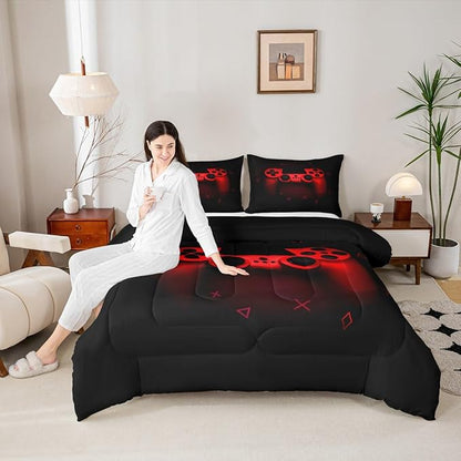 Boys Gamer Comforter Set Queen Size,Gamepad Bedding Set Kids Young Man Video Games Down Comforter for Teen Child Game Room Decor Black Red Classic Retro Gaming Quilted Duvet Set with Pillowcase