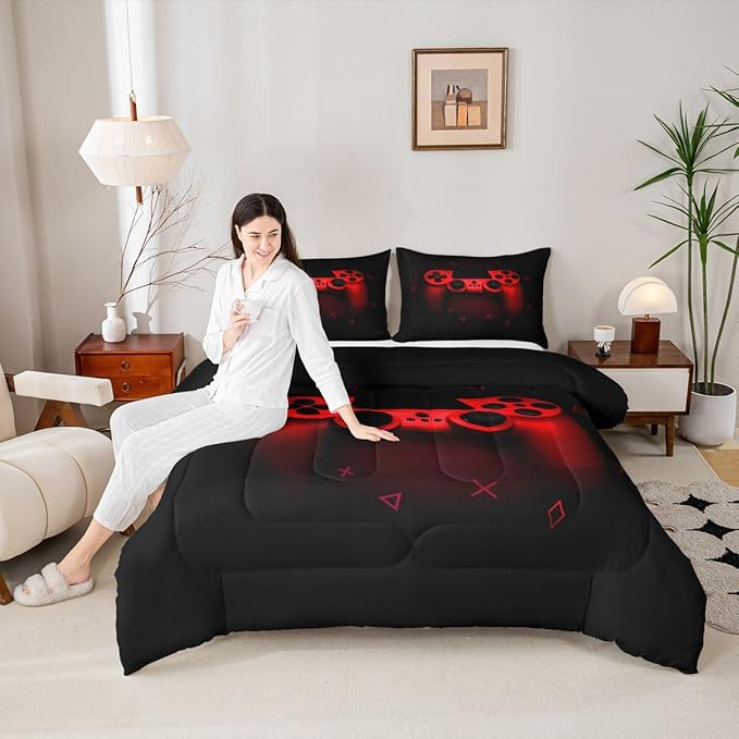 Boys Gamer Comforter Set Twin Size,Gamepad Bedding Set Kids Young Man Video Games Down Comforter for Teen Child Game Room Decor Black Red Classic Retro Gaming Quilted Duvet Set with Pillowcase