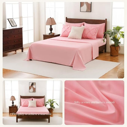 Sheet&Joy King Size Comforter Set, 7-Piece Bed in a Bag, Pintuck Bedding Set for All Season, Includes Comforter, Flat Sheet, Fitted Sheet, Pillowcases and Pillowshams, Pink