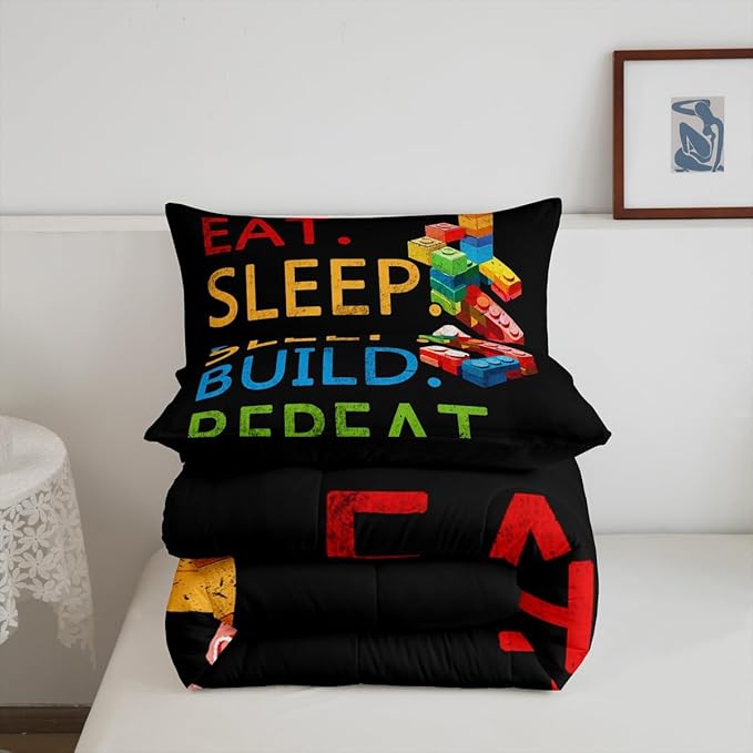Feelyou Colorful Toy Bedding Set Teen Women Men Funny Building Blocks Decoration Comforter Set Twin Size Kids Boys Girls Cute Games Duvet Insert Colorful Geometric Brick Room Decor