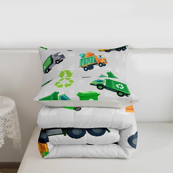 Feelyou Green Garbage Truck Toddler Size Bedding Set Cartoon Trash Truck Comforter Set for Kids Boys Girls Teens Green Vehicle Car Comforter Garbage Truck Toy Duvet Set with 1 Pillow Case