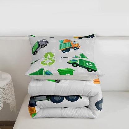 Feelyou Boys Green Garbage Truck Bedding Set - Cartoon Trash Truck Comforter Set for Kids - King Size with 2 Pillow Case