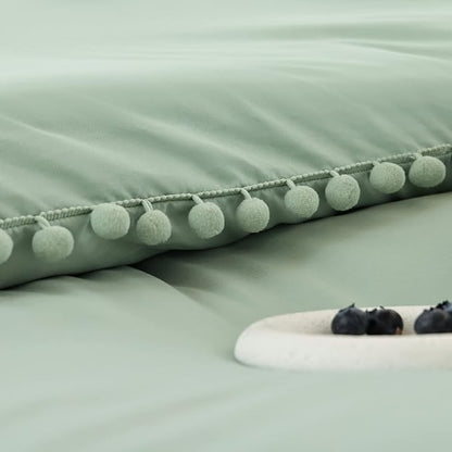 YIRDDEO Twin Comforter Set - Comforter Twin Size Bed with Ball Pom Fringe, Soft Bedding Set for All Seasons - 2 Pieces, 1 Comforter (66"x90") & 1 Pillow Sham(20"x26"), Sage Green