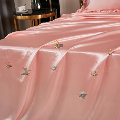 Satin Comforter Set with Sheet Set Queen 8 Pieces Silk Like Pink Bedding Set Silky Ruffle Pattern Luxury Silky Comforter Set with 1 Cushion Cover