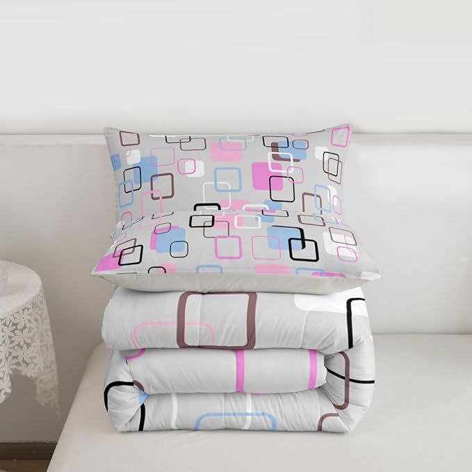Erosebridal Pink Blue Geometric Square Comforter Set King Modern Abstract Striped Bedding Set Pastel Plaid Grid Comforter for Kids Girls Boys Aesthetic Gingham Checkered Quilt Duvet
