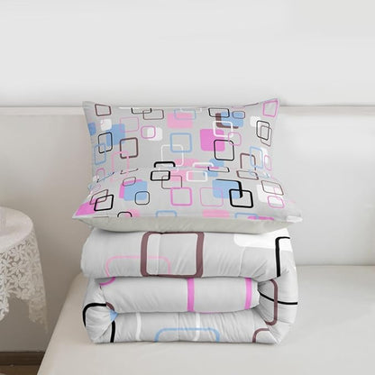 Erosebridal Pink Blue Geometric Square Comforter Set Full Modern Abstract Striped Bedding Set Pastel Plaid Grid Comforter for Kids Girls Boys Aesthetic Gingham Checkered Quilt Duvet