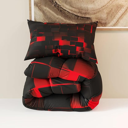 Red Black Comforter Set, Light Honeycomb Theme 3D Pattern for Kids Teens Adults,Decorative Bedding Comforter Sets with 2 Pillow Shams, Queen Size