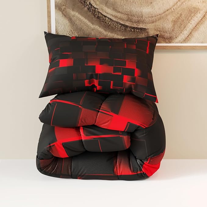 Red Black Comforter Set, Light Honeycomb Theme 3D Pattern for Kids Teens Adults,Decorative Bedding Comforter Sets with 2 Pillow Shams, Full Size