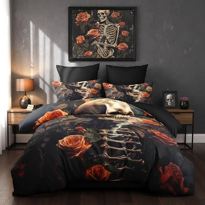 Gothic Skull Comforter Set Full Size, Orange Rose Floral Bedding Set for Hippie Horror Bedroom Decor 3 Pieces Soft Fluffy Microfiber Bed Set with 2 Pillowcases, 79"x90"