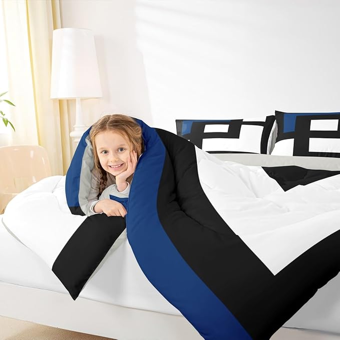 Erosebridal Blue Black and White Striped Toddler Comforter Square Abstract Bedding Set Modern Geometric Stripes Bold Lines Duvet Insert Minimalist Stylish Plaids Bed Sets