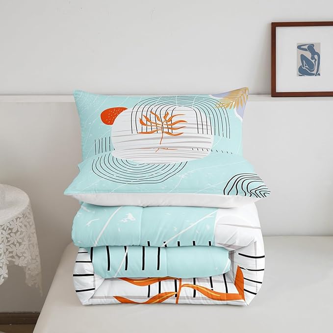 Erosebridal Modern Blue Comforter King Mid Century Bedding Set, Abstract Artwork Down Comforter Black Geometric Lines Bed Set, White Aesthetic Circle Quilted Duvet All-Season 3pcs
