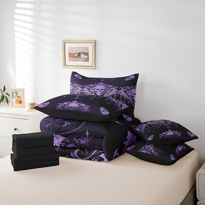 Erosebridal Gothic Bed in a Bag Queen Comforter Set 7 Piece,Goth Sugar Skull Purple Damask Bedding Set,Bohemian Vintage Floral Comforter and Sheet Set,Exotic Antique Victorian Baroque Decor