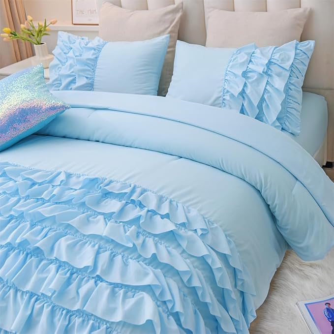 Holawakaka Light Blue Waterfall Ruffle Comforter Set, Full Size Shabby Chic Ruffled Bedding Set for Girls Women, Kids Teens Ruched Dorm Bed Set 3 Pieces
