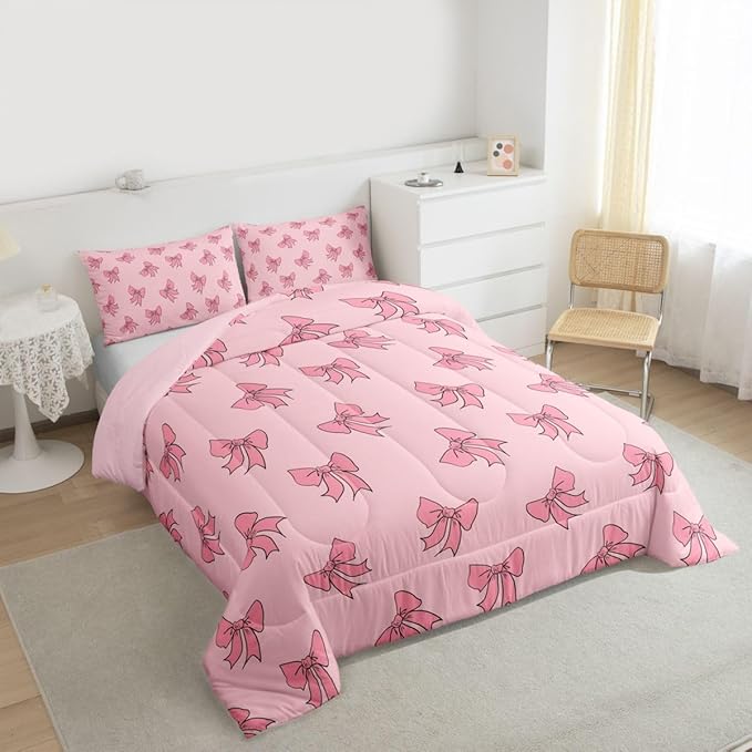 Erosebridal Kids Pink Bow Bedding Set Queen Princess Bows Comforter Set Kawaii Preppy Bowknot Comforter for Girls Women Coquette Room Decor Modern Trendy Girly Aesthetic Quilt Duvet