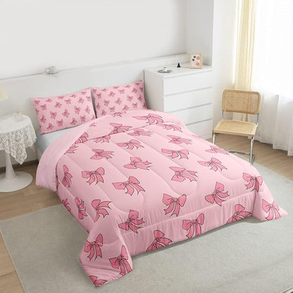 Erosebridal Kids Pink Bow Bedding Set Queen Princess Bows Comforter Set Kawaii Preppy Bowknot Comforter for Girls Women Coquette Room Decor Modern Trendy Girly Aesthetic Quilt Duvet
