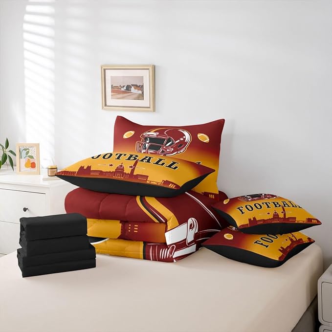 Erosebridal Football City Bed in A Bag Twin for Kids Boys Teen,American Soccer 7 Piece Bedding Set Sports Rugby Competitive Games Comforter Set with Sheets City Theme Ball Sports Bed Set