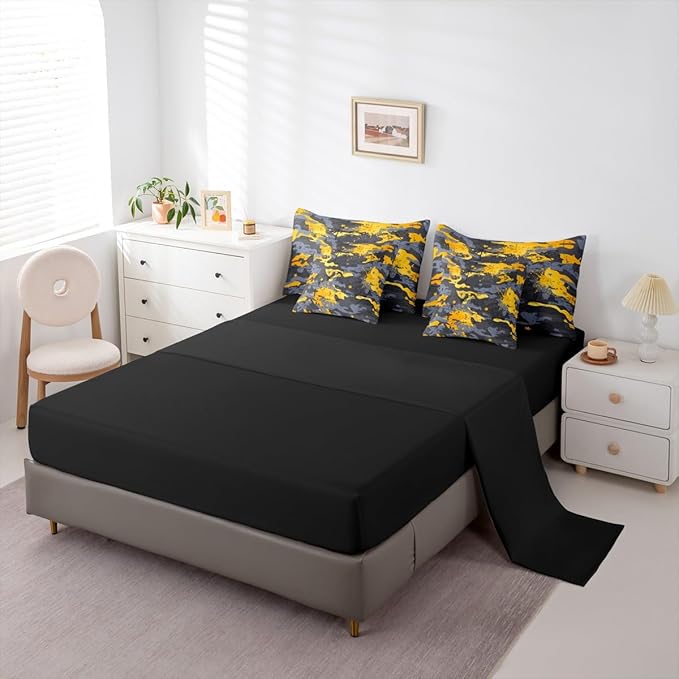 Erosebridal Camouflage King Comforter Set Stars 7-Piece Bed in A Bag Graffiti Watercolor Ombre Retro Military Sheets and Pillowcases Grey Yellow Bed Sets