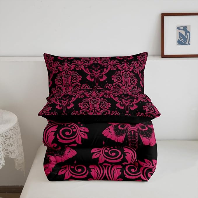 Feelyou Adults Pink Vintage Damask Floral Comforter Set Oriental Antique Comforter Queen Size Gothic Bohemia Boho Flower Bedding Set Gothic Skull Duvet Set Quilt Set 3Pcs