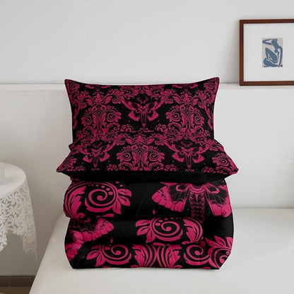 Feelyou Adults Pink Vintage Damask Floral Comforter Set Oriental Antique Comforter King Size Gothic Bohemia Boho Flower Bedding Set Gothic Skull Duvet Set Quilt Set 3Pcs