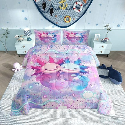 Pink Blue Axolotl Comforter Set Twin Girls Bedding Set Cute Rainbow Love Print Down Comforter Kids Cartoon Kawaii Duvet Set Galaxy Stars Fantasy Girls Room Decor Children Reversible Colorful